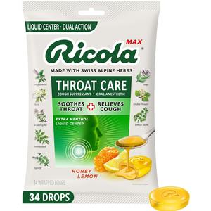 Ricola Max Throat Care Honey Lemon, 34 ct