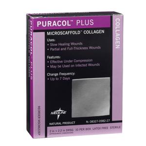 Medline Industries Puracol&trade; Plus Collagen Wound Dressing 2" x 2-2/7" Size, Highly Absorbent, Latex-free