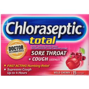 Chloraseptic Total, Wild Cherry, Sore Throat and Cough Lozenges, 15 ct.