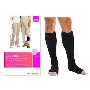 Medi Mediven&reg; Plus Compression Stocking, 20 to 30 mmHg, Size 2, 11" to 14-1/2" Extra-Wide Calf with Silicone Band, Petite, Open Toe, Black